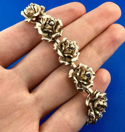 Vintage TB-50 Taxco 980 Fine Silver Rose Floral Statement Panel Bracelet
