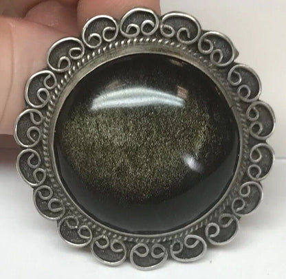 Vintage Taxco JV Sterling Silver 925 Gold Sheen Obsidian Statement Pin Pendant