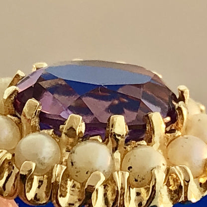 Victorian 14K Yellow Gold Amethyst Seed Pearl Halo February Anniversary Pendant