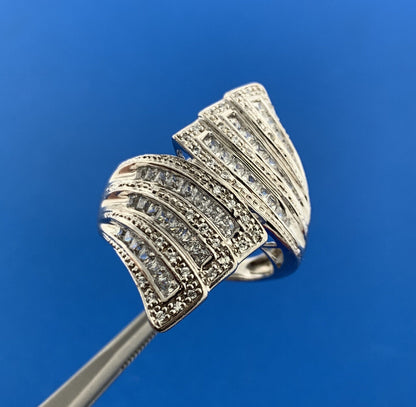 Designer MEDA Sterling Silver 925 Sparkling CZ Statement Bypass Ring Size 8