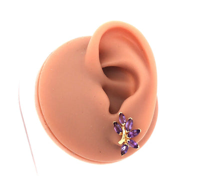 Designer TK 14K Yellow Gold Marquise Amethyst Floral Statement Stud Earrings