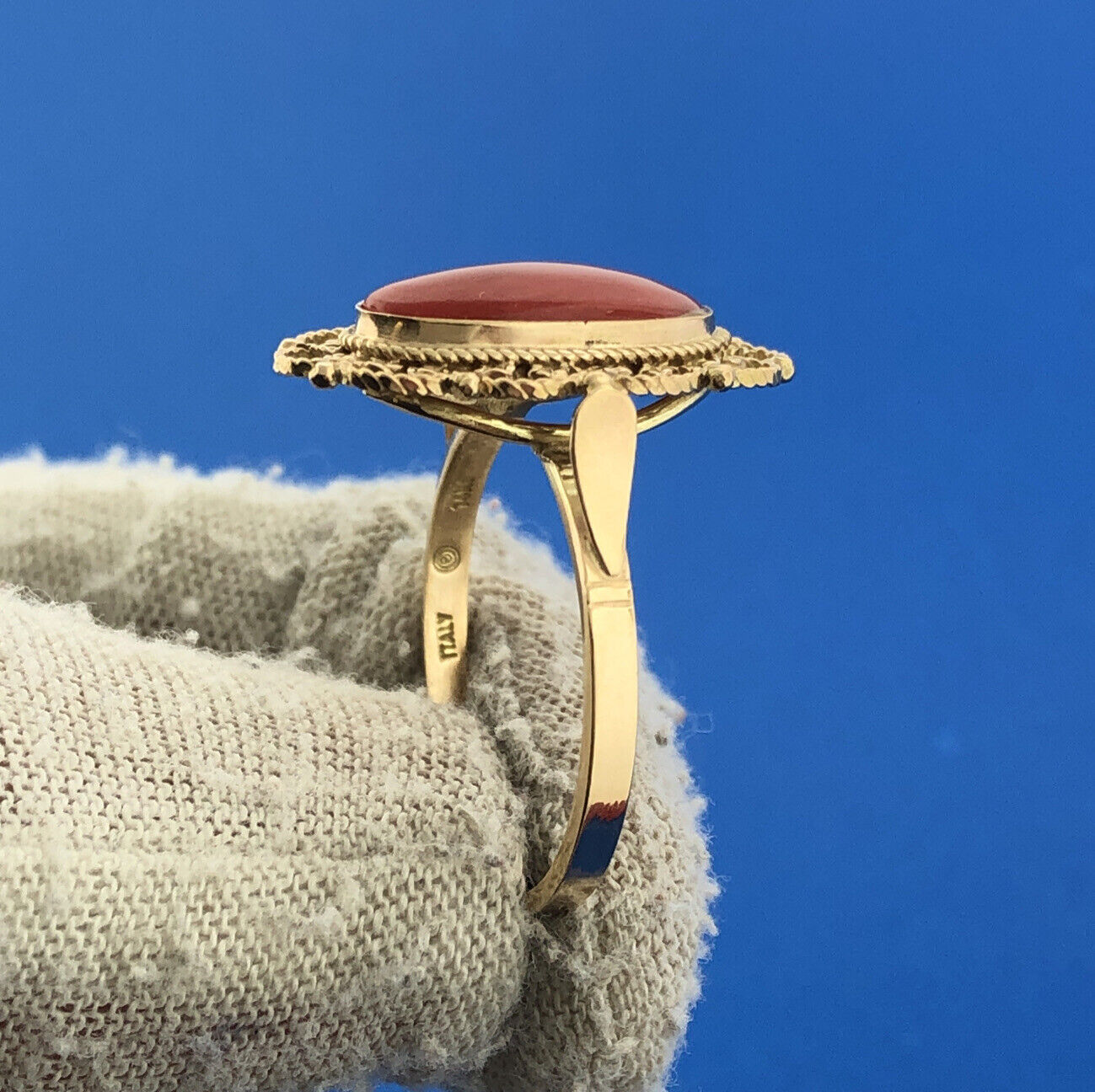 Designer 14K Yellow Gold Oval Red Coral Cabochon Filigree Cocktail Ring