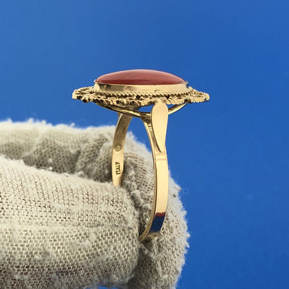 Designer 14K Yellow Gold Oval Red Coral Cabochon Filigree Cocktail Ring
