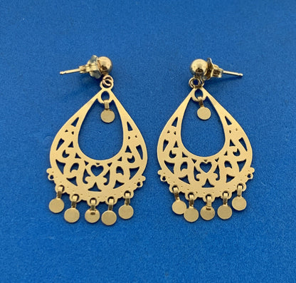 Michael Anthony MA 14K Yellow Gold Open Work Heart Scroll Dangle Drop Earrings