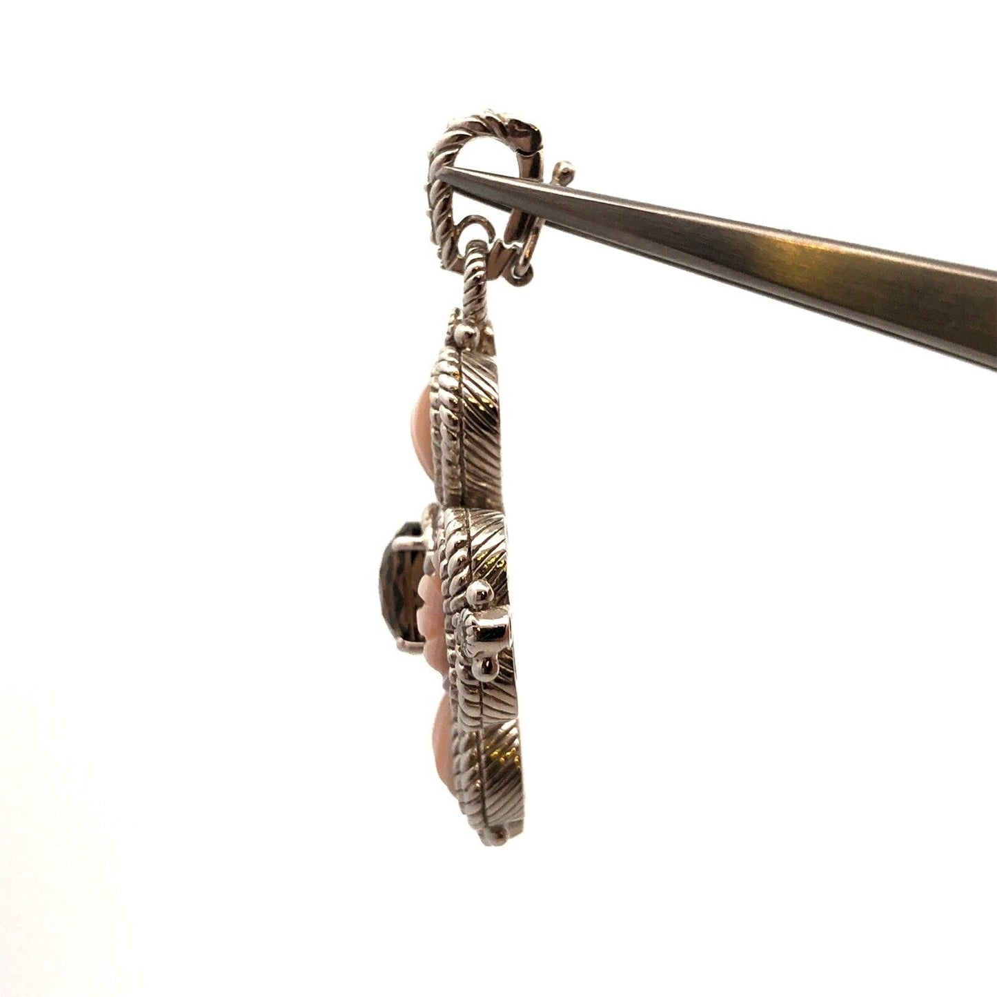 Judith Ripka 925 Sterling Silver CZ Smokey Quartz  Mother of Pearl Cross Pendant