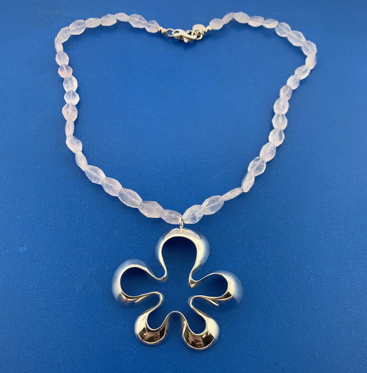 Designer Modernist Sterling Silver Rose Quartz Abstract Flower Pendant Necklace