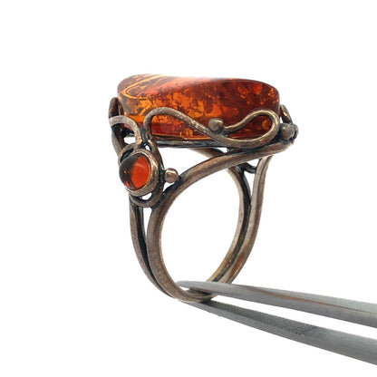 Vintage Designer PL 925 Sterling Silver Oval Amber Statement Ring
