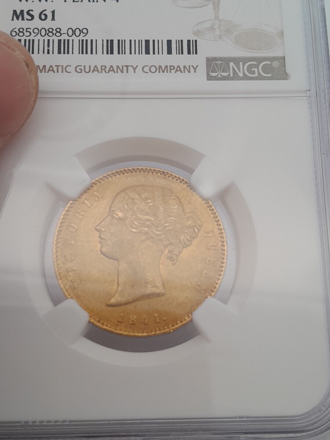 1841  C British India Mohur S & W-3.7 Type A/1 "W.W." Plain 4 NGC MS61 Gold Coin