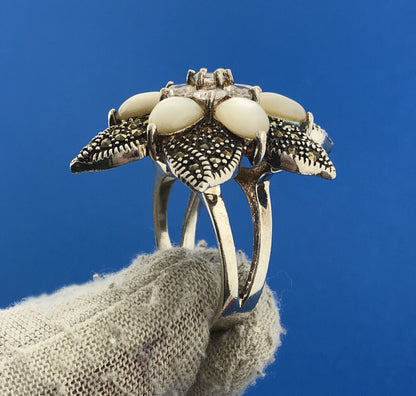 Sterling Silver FAS Cubic Zirconia CZ Moonstone Marcasite Flower Floral Ring
