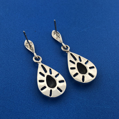 925 Sterling Silver Pear Black Onyx Marcasite Halo Drop Dangle Earrings