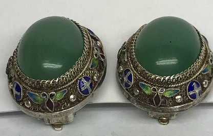 Vintage Artisan Sterling Silver Jade Cloisonne Filigree Statement Clip Earrings