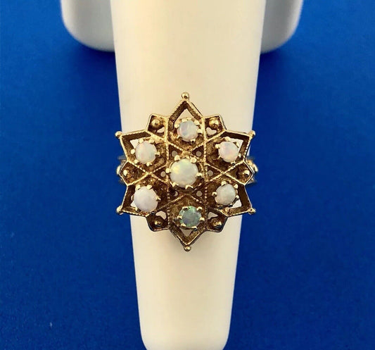 Art Nouveau 14K Yellow Gold Opal Star Flower Cluster October Etruscan Style Ring