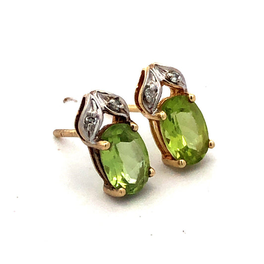 Designer 10K Yellow Gold Green Peridot Diamond August Occasion Stud Earrings