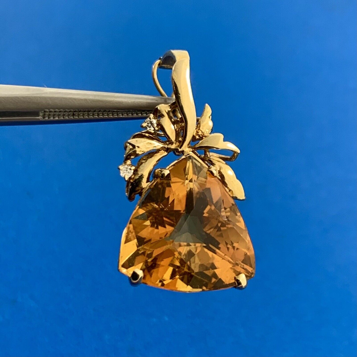 Vintage 14K Yellow Gold Trillion Citrine Diamond Accented Enhancer Pendant