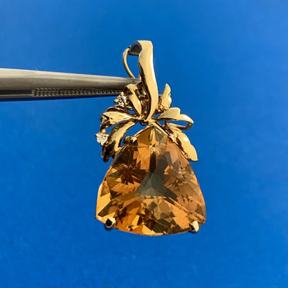Vintage 14K Yellow Gold Trillion Citrine Diamond Accented Enhancer Pendant