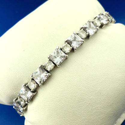 Sparkling FAS 925 Sterling Silver Amethyst Princess Rnd White CZ Tennis Bracelet