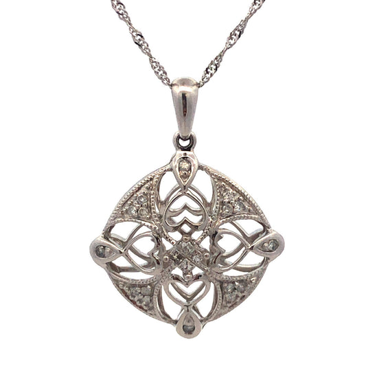 14K White Gold Diamond Filigree Cutout Bridal Pendant Anniversary Necklace
