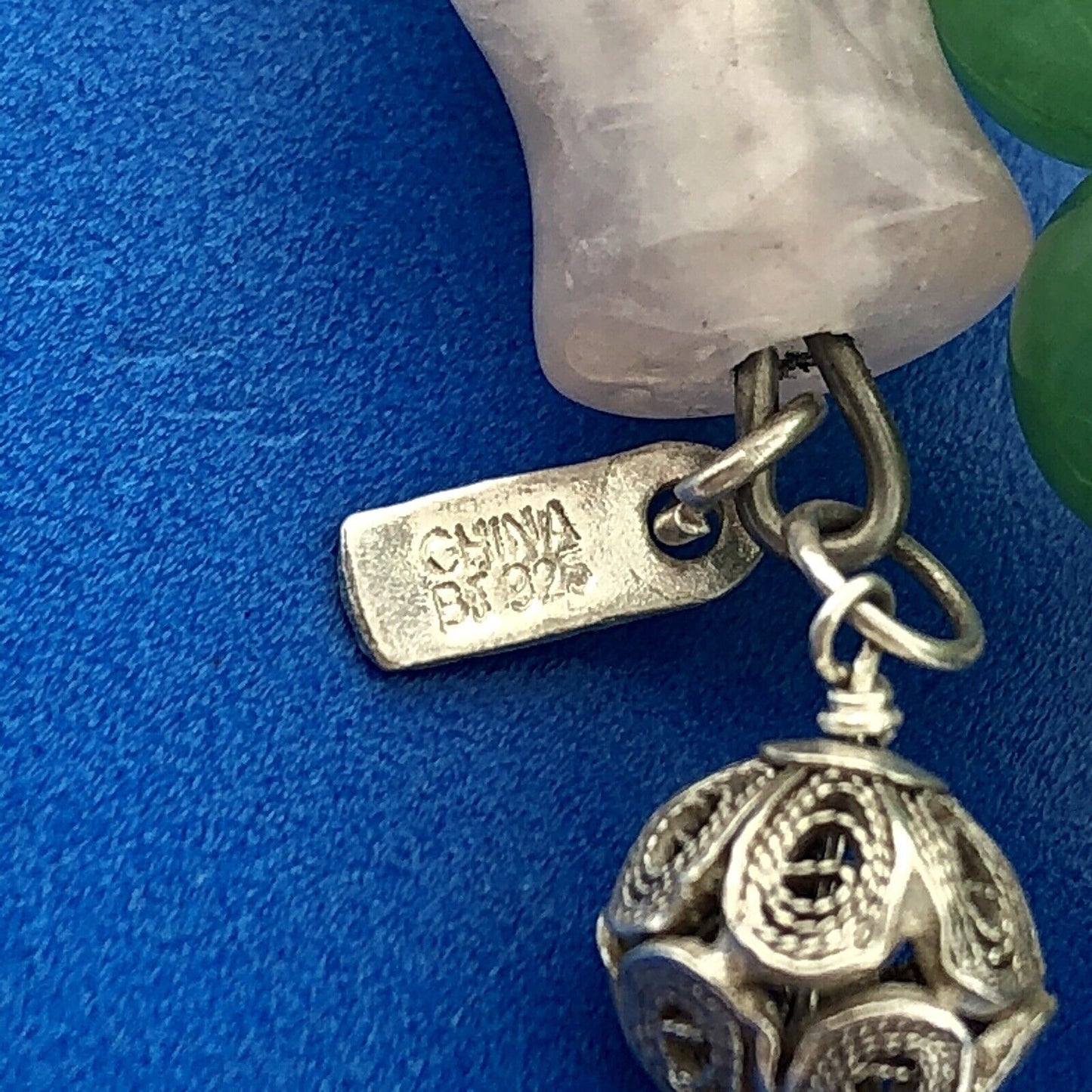 Sterling Silver Green Lavender Jade Ceramic Cloisonne Bead Three Wrap Bracelet