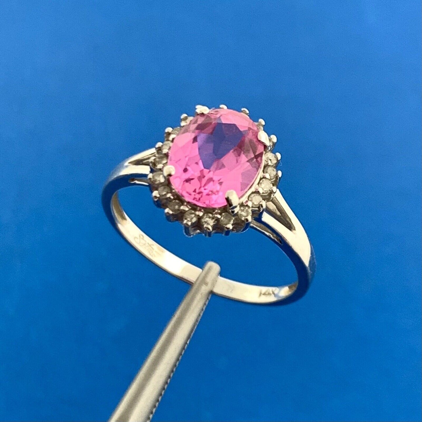 Designer 14K White Gold Oval Pink Sapphire Diamond Halo Custom Engagement Ring