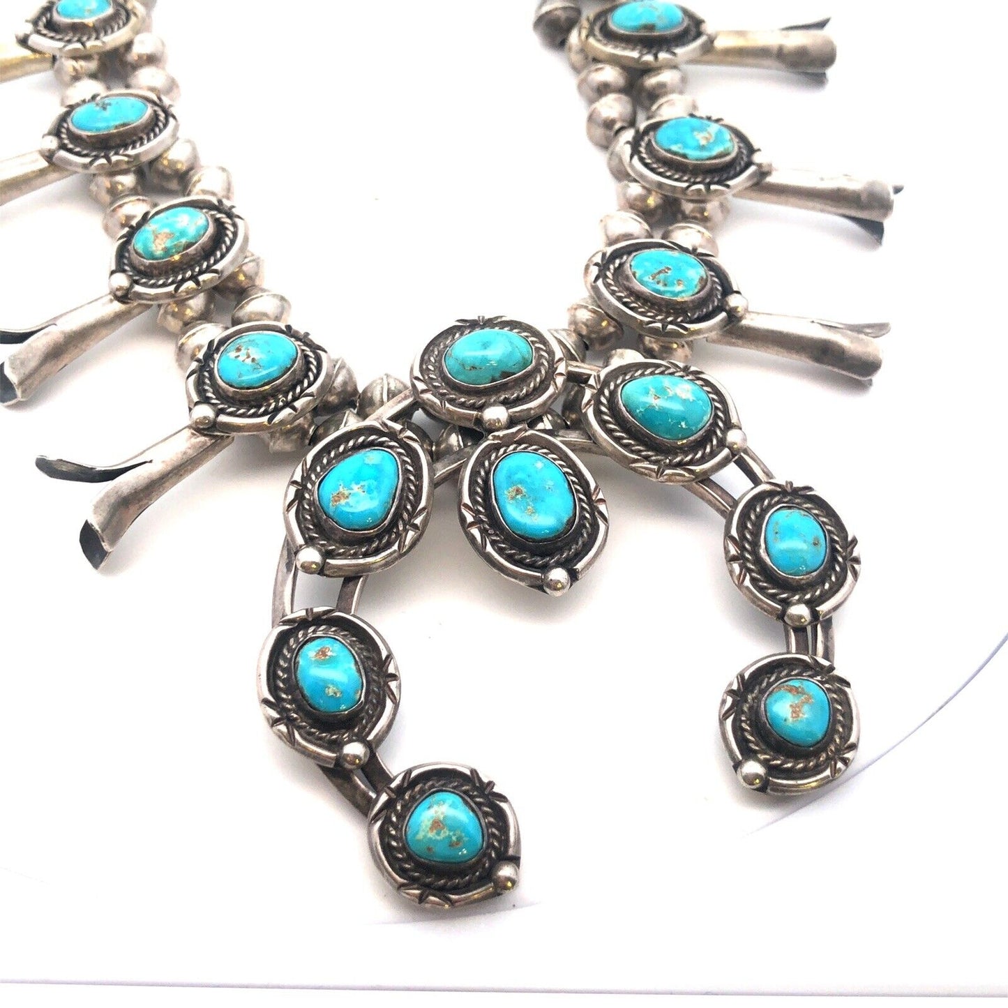 Vintage Native American 925 Sterling Silver Turquoise Squash Blossom Necklace