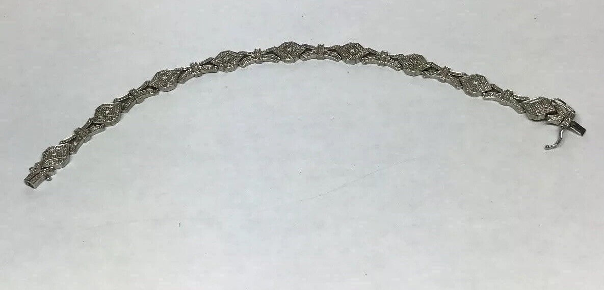 Vintage EA Sterling Silver 925 Diamond Modernist X O Link Tennis Bracelet