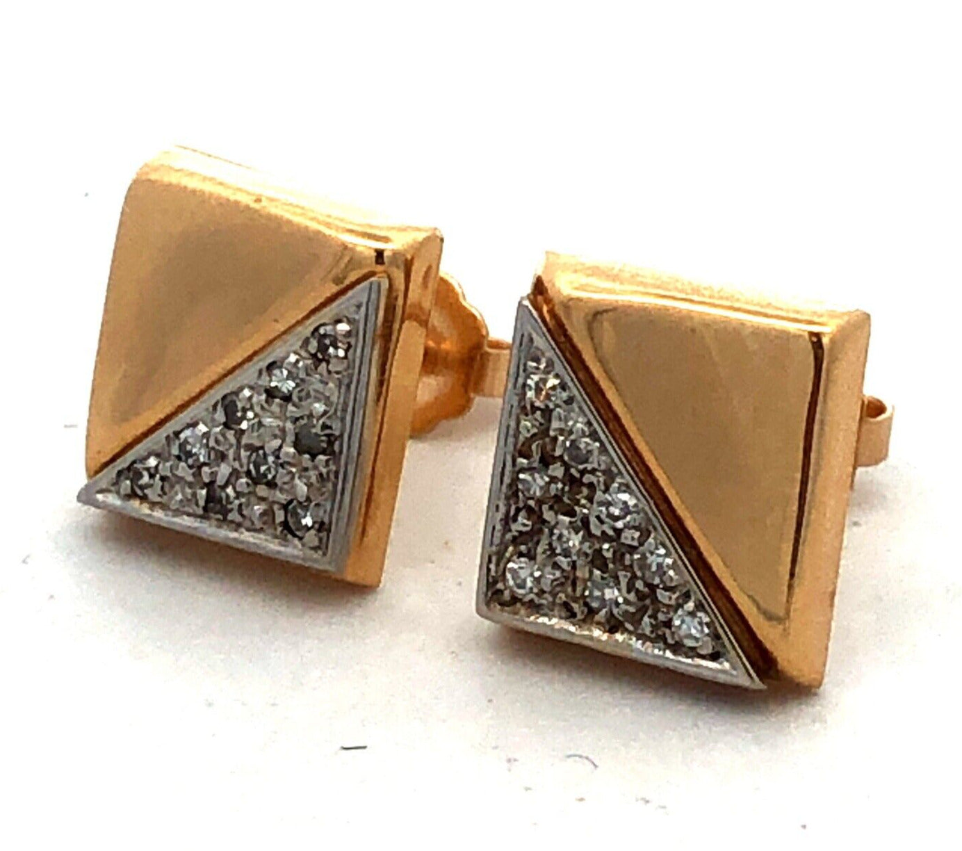Designer JW 14K Yellow Gold Diamond Square Retro Modernist Stud Earrings
