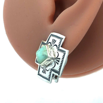 Native American 925 Sterling Silver Green Turquoise Concho Cross Clip On Earring