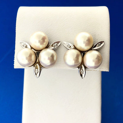 Mid Century Glamorous 14K White Gold Pearl Diamond Bridal Screw Clip Earrings