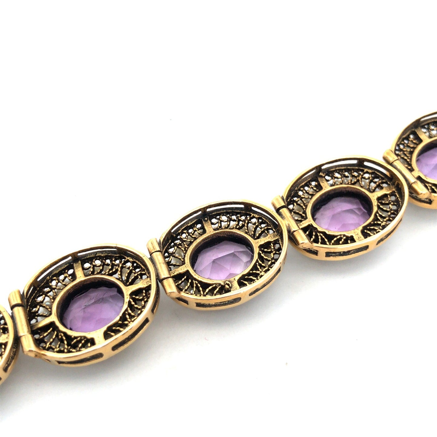 Vintage 14K Yellow Gold Oval Amethyst Seed Pearl Filigree Panel Bracelet