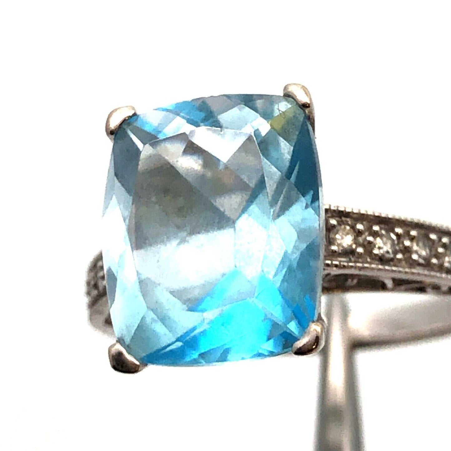 Designer 14K White Gold Radiant Cushion Cut Blue Topaz Diamond Accented Ring