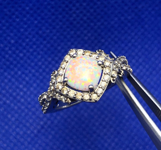 Designer SUN 925 Sterling Silver Opal Diamond Accented Size 6 Statement Ring