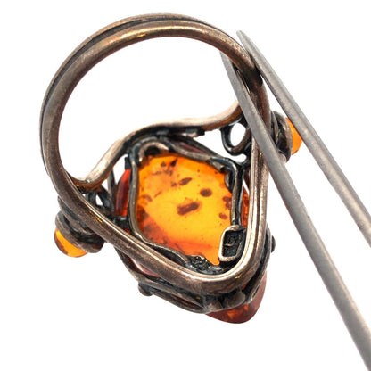 Vintage Designer PL 925 Sterling Silver Oval Amber Statement Ring
