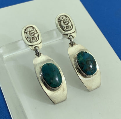 Turquoise Cabochon 950 Fine Silver Alpaca Design Dangle Drop Stud Earrings
