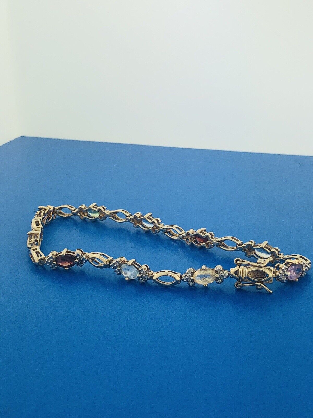 Sterling Silver 925 Vermeil Oval Multi-Gem Station Tennis Bracelet