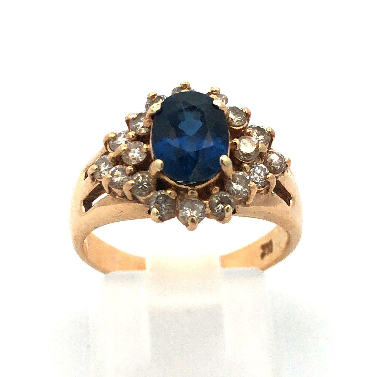 Vintage 14K Yellow Gold Oval Blue Sapphire Round Diamond Halo Anniversary Ring