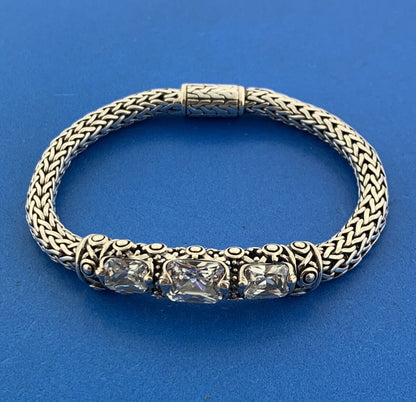 925 Sterling Silver Cubic Zirconia CZ Balinese Style Statement Bracelet