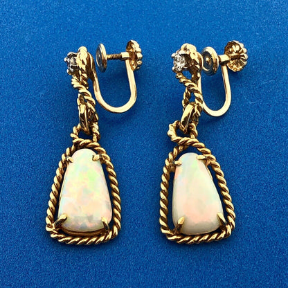 Estate 14K Yellow Gold Trillion Cut Opal Diamond Accent Drop Dangle Earrings