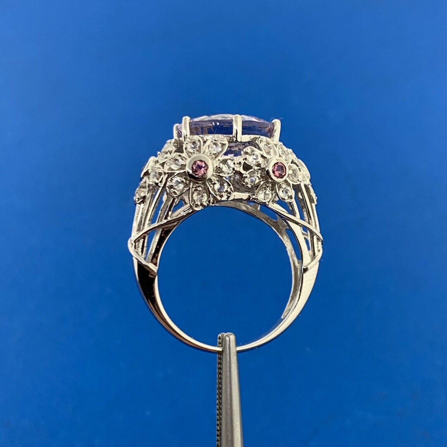 Designer 14K White Gold Purple Amethyst White Topaz Accents Statement Ring