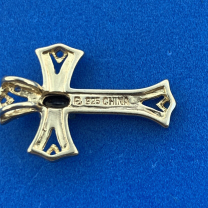 Designer 925 Sterling Silver Vermeil Oval Sapphire Two Tone Cross Pendant