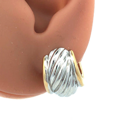 Designer Israel 14K Yellow White Gold Ribbed Two Tone Wide Huggie Hoop Earrings