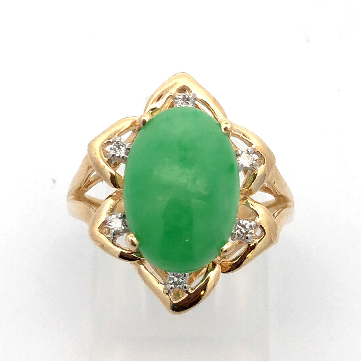 Designer 14K Yellow Gold Oval Jade Cabochon Diamond Accent Cocktail Ring