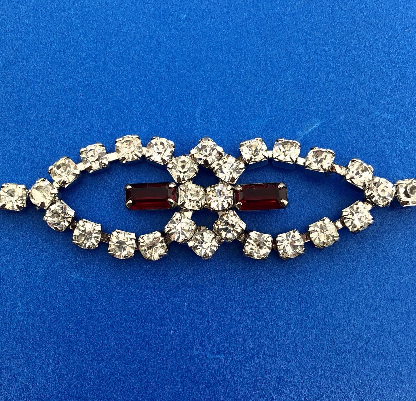 Vintage Silver Tone Rectangle Red Round White Rhinestone Valentine Bracelet