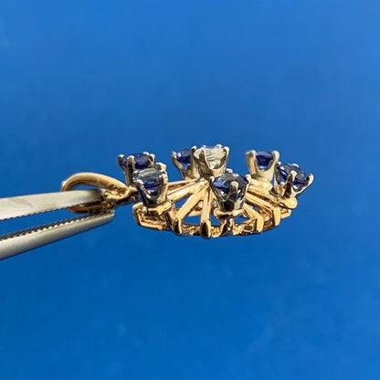 Vintage 14K Yellow Gold Blue Sapphire Diamond Pinwheel Starburst Pendant