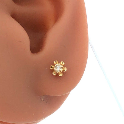 14K Yellow Gold Round Diamond Buttercup Flower Solitaire Stud Earrings