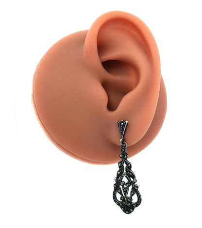 Designer SU 925 Sterling Silver Marcasite Art Deco Style Dangle Stud Earrings