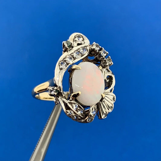 Vintage 10K Yellow Gold 925 Sterling Silver Opal White Amethyst Ring