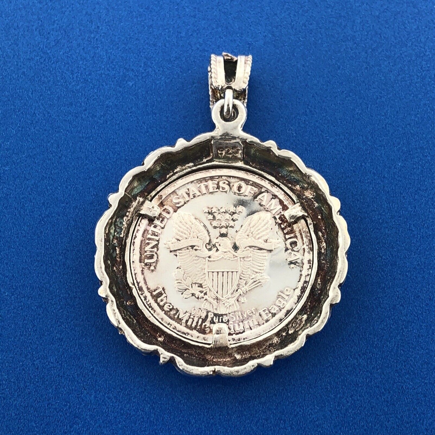 USA .999 Fine Silver Millennium Eagle w/ Sterling Silver 925 Coin Holder Pendant