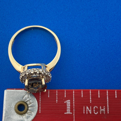Retro Designer 14K Yellow Gold Oval Smoky Quartz Diamond Halo Cocktail Ring