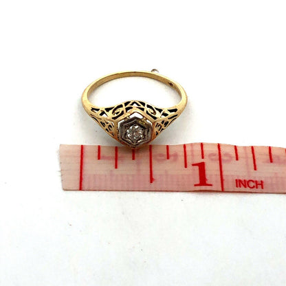 Vintage  14K Yellow Gold Round Diamond Solitaire Art Deco Engagement Ring