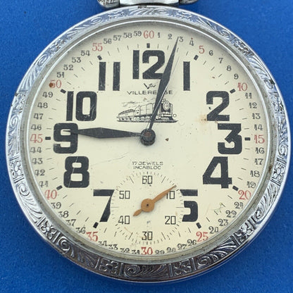 Vintage Villereuse Train Stainless Steel 17 Jewels Incabloc Swiss Pocket Watch